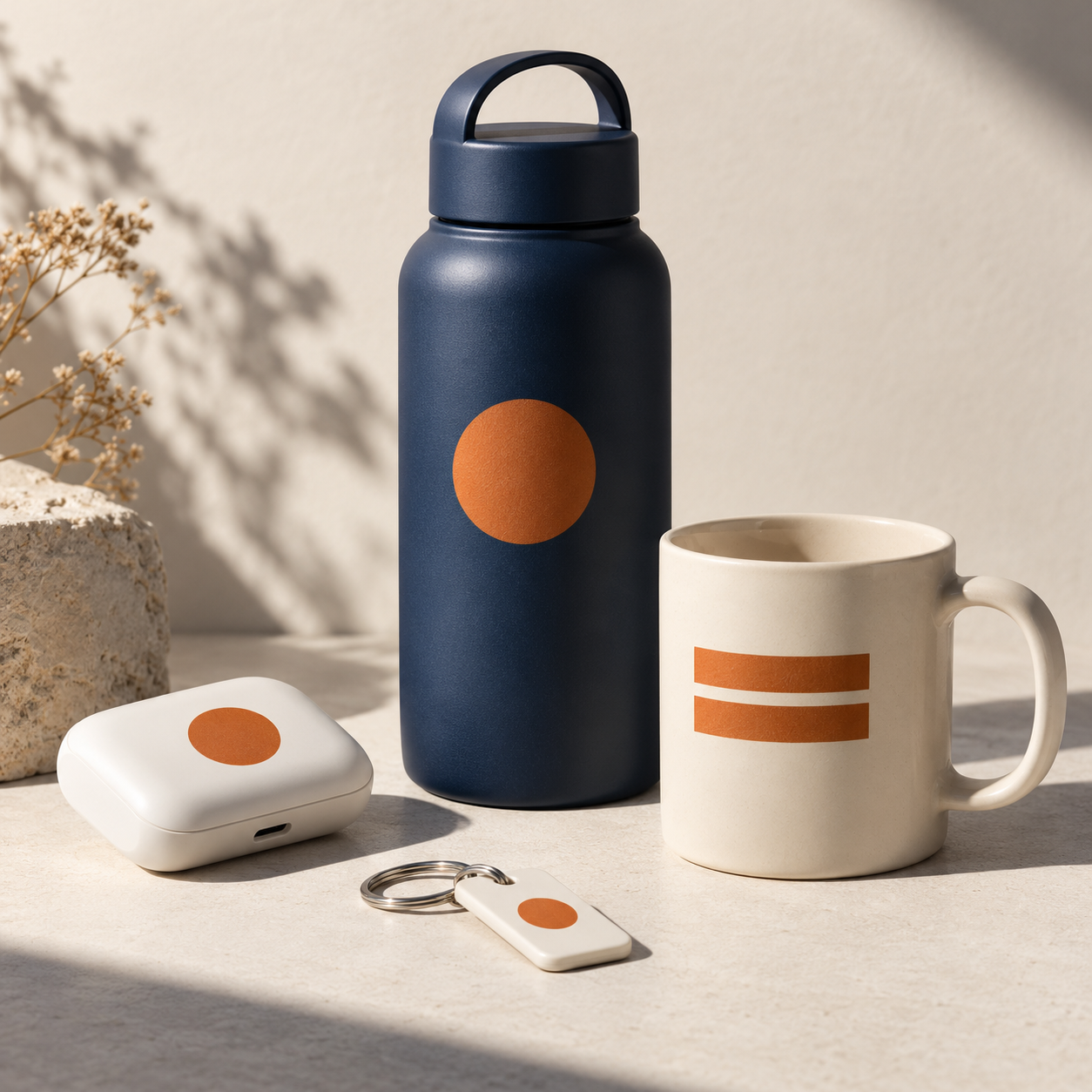 Illustrative bottle, mug and electronic enclosure with simple sample printed marks